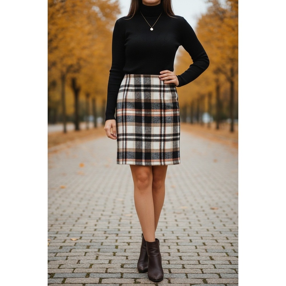 Women Plaid‎ Knee Length Skirt Brown Orange Cream Checkered Pencil Skirt Sz L